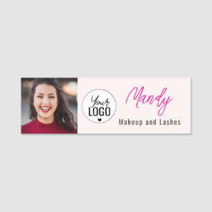 Blush Pink Script Logo Photo Makeup Name Tag