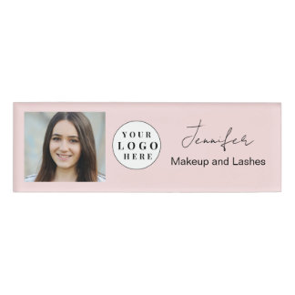 Blush Pink Script Logo Photo Makeup Name Tag