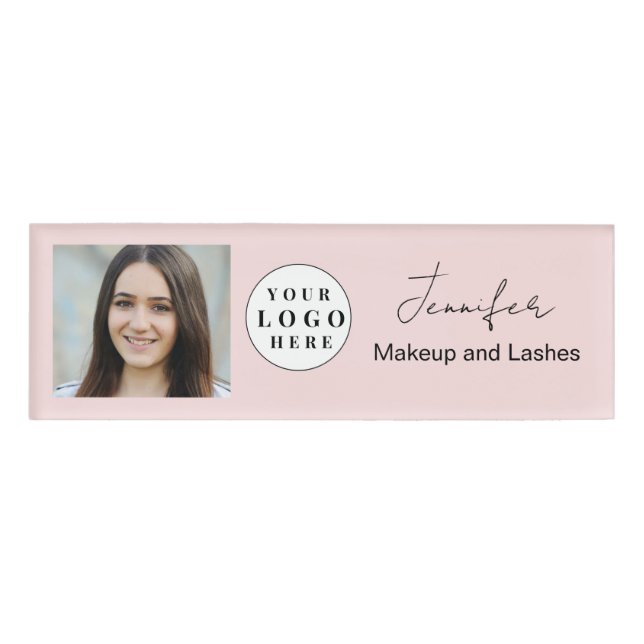 Blush Pink Script Logo Photo Makeup Name Tag (Front)