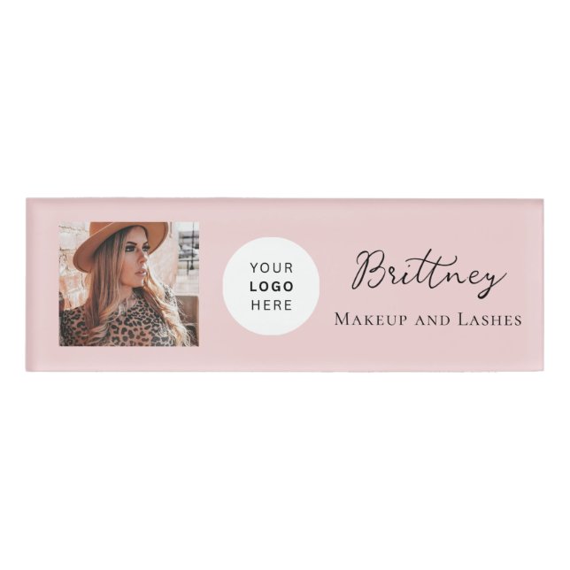 Blush Pink Script Logo Photo Makeup Name Tag (Front)