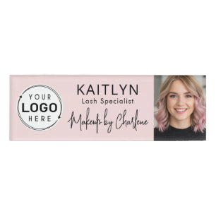 Blush Pink Script Logo Photo Makeup Name Tag
