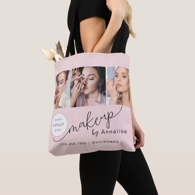 Blush Pink Script Logo Photo Makeup Studio Tote Bag (Close Up)