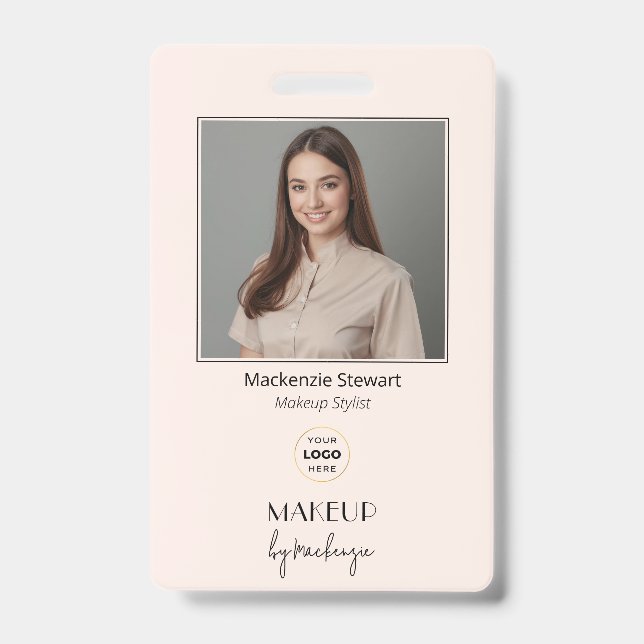 Blush Pink Script Logo Photo Makeup Stylist ID Badge (Front)