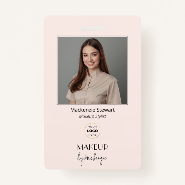 Blush Pink Script Logo Photo Makeup Stylist ID Badge (Front)