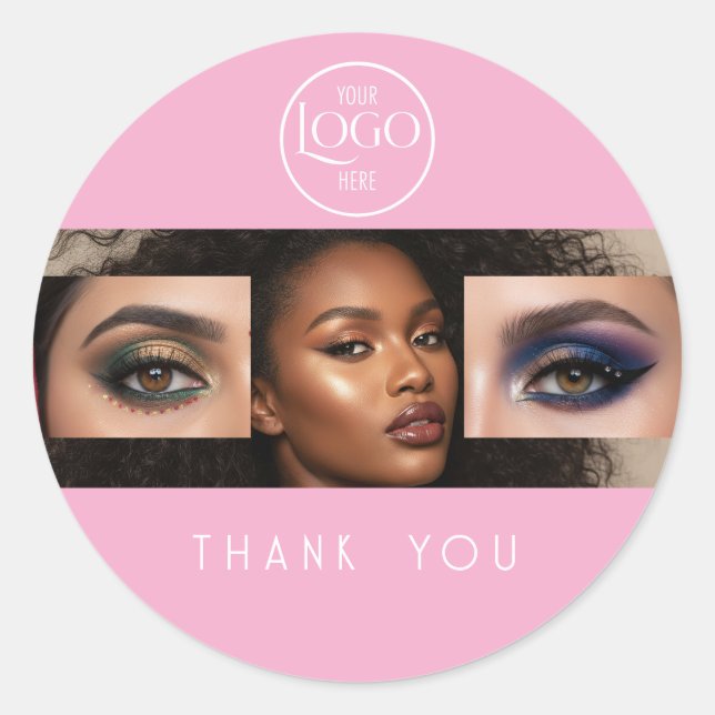 Blush Pink Script Logo Photo Makeup Thank You Classic Round Sticker (Front)