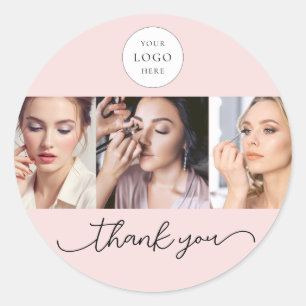 Blush Pink Script Logo Photo Makeup Thank You Classic Round Sticker