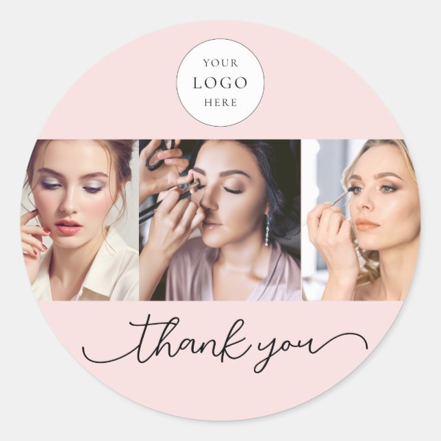 Blush Pink Script Logo Photo Makeup Thank You Classic Round Sticker (Front)