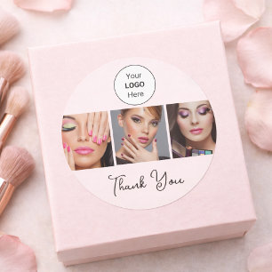 Blush Pink Script Logo Photo Makeup Thank You Classic Round Sticker