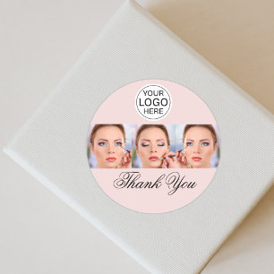 Blush Pink Script Logo Photo Makeup Thank You Classic Round Sticker