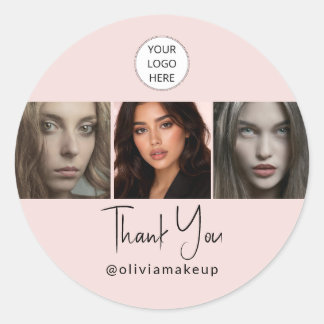 Blush Pink Script Logo Photo Makeup Thank You Classic Round Sticker