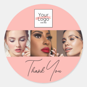 Blush Pink Script Logo Photo Makeup Thank You  Classic Round Sticker