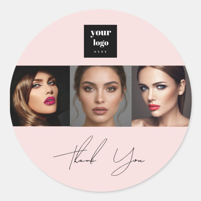 Blush Pink Script Logo Photo Makeup Thank You Classic Round Sticker (Front)