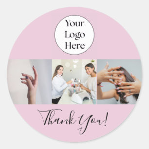 Blush Pink Script Logo Photo Nail Salon Thank You Classic Round Sticker