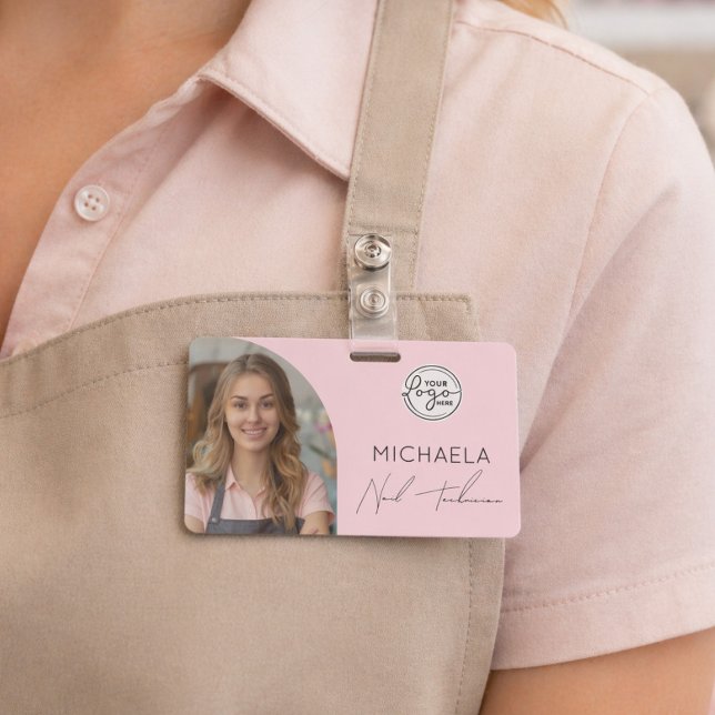 Blush Pink Script Logo Photo Nail Technician ID Badge (Creator Uploaded)