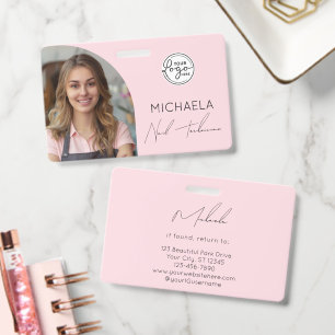 Blush Pink Script Logo Photo Nail Technician ID Badge