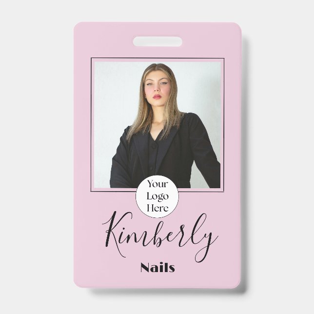 Blush Pink Script Logo Photo Nails ID Badge (Front)