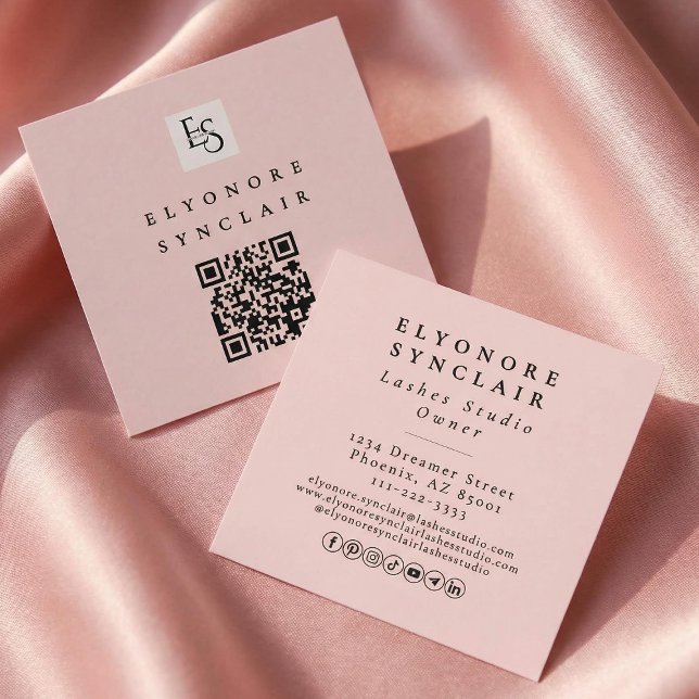 Blush Pink Script Logo QR Code Lashes Square Business Card (Creator Uploaded)