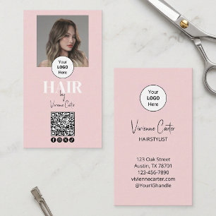 Blush Pink Script Logo QR Code Photo Hair Stylist Business Card