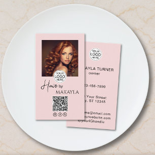 Blush Pink Script Logo QR Code Photo Hair Stylist Business Card