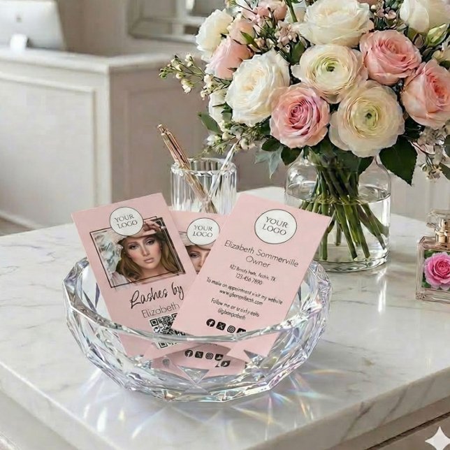 Blush Pink Script Logo QR Code Photo Lashes Business Card (Creator Uploaded)