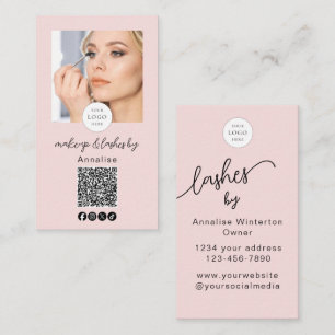 Blush Pink Script Logo QR Code Photo Lashes Makeup Business Card