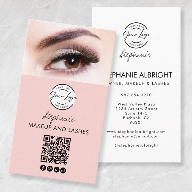 Blush Pink Script Logo QR Code Photo Lashes Studio Business Card (Creator Uploaded)