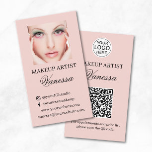 Blush Pink Script Logo QR Code Photo Makeup Artist Business Card
