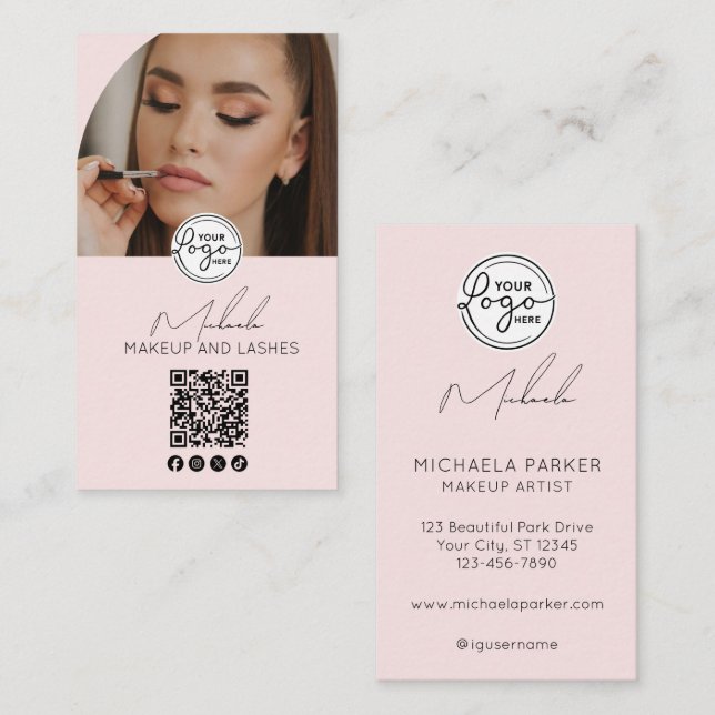 Blush Pink Script Logo QR Code Photo Makeup Business Card (Front/Back)