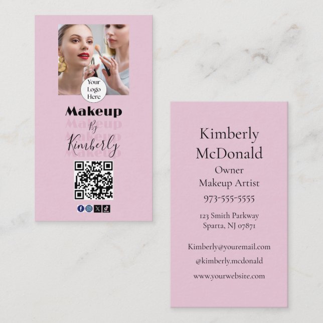 Blush Pink Script Logo QR Code Photo Makeup Business Card (Front/Back)