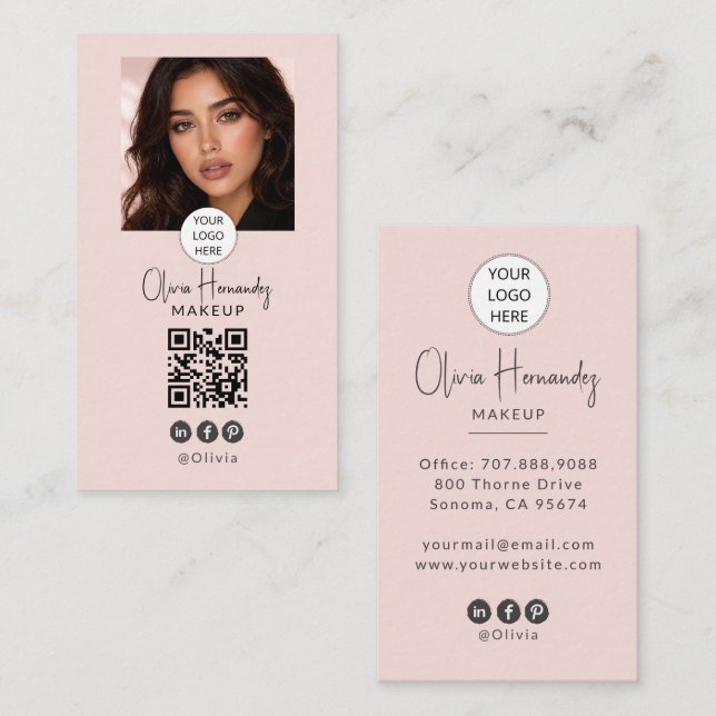 Blush Pink Script Logo QR Code Photo Makeup Business Card (Front/Back)