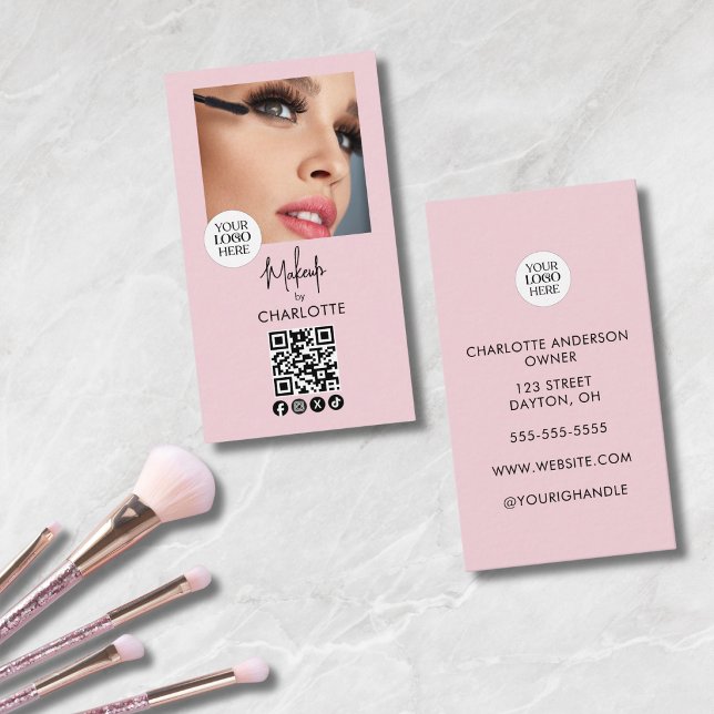 Blush Pink Script Logo QR Code Photo Makeup Business Card (Creator Uploaded)