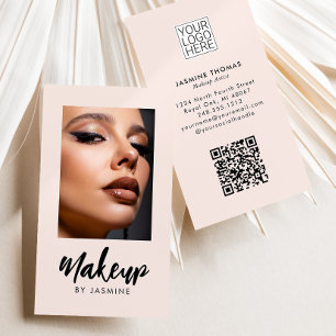 Blush Pink Script Logo QR Code Photo Makeup Business Card