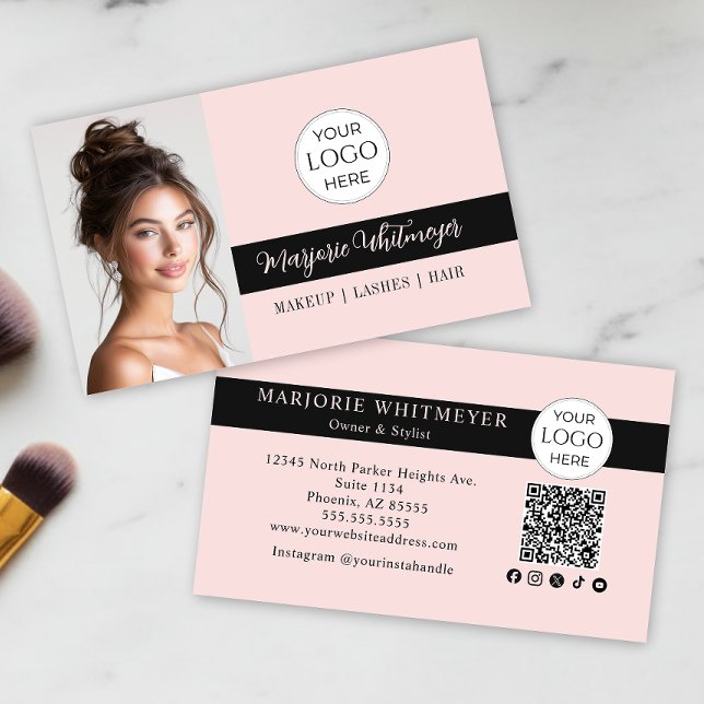 Blush Pink Script Logo QR Code Photo Makeup Business Card (modern black blush pink script photo makeup business card add your logo qr code social media icons)