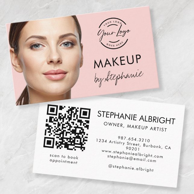 Blush Pink Script Logo QR Code Photo Makeup Business Card (Creator Uploaded)