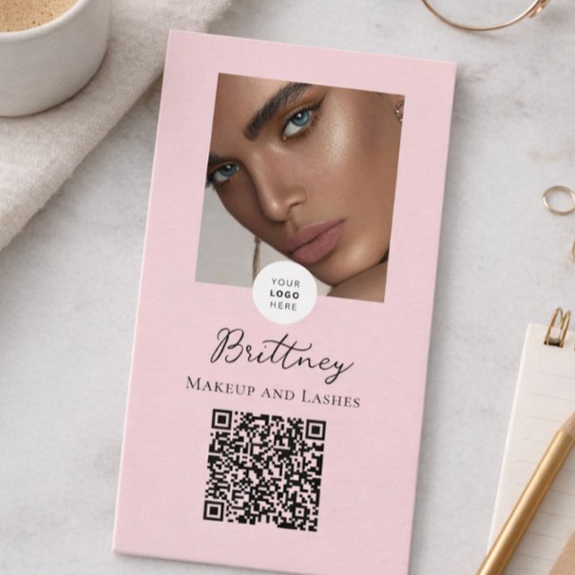 Blush Pink Script Logo QR Code Photo Makeup  Business Card (Creator Uploaded)