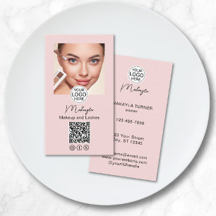 Blush Pink Script Logo QR Code Photo Makeup Business Card