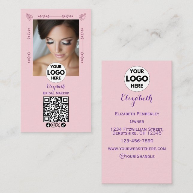 Blush Pink Script Logo QR Code Photo Makeup Business Card (Front/Back)