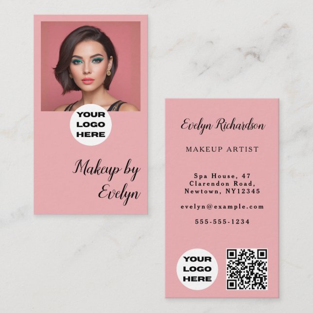 Blush Pink Script Logo QR Code Photo Makeup Business Card (Front/Back)