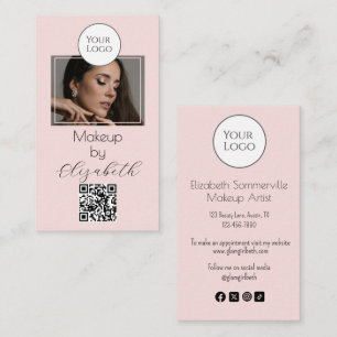 Blush Pink Script Logo QR Code Photo Makeup Business Card