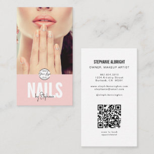 Blush Pink Script Logo QR Code Photo Nail Artist Business Card
