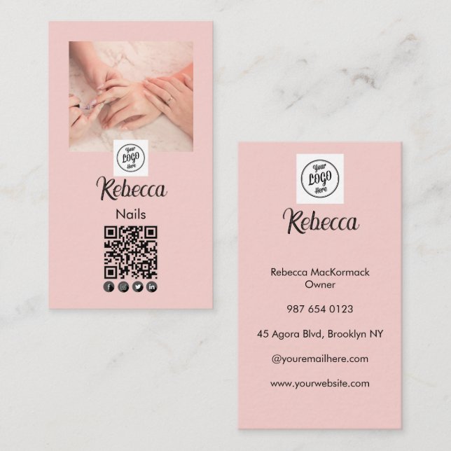 Blush Pink Script Logo QR Code Photo Nail Manicure Business Card (Front/Back)