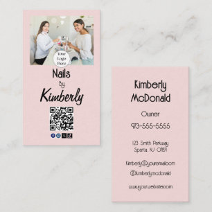 Blush Pink Script Logo QR Code Photo Nail Salon Business Card