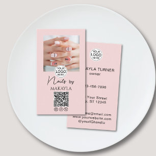 Blush Pink Script Logo QR Code Photo Nail Salon Business Card