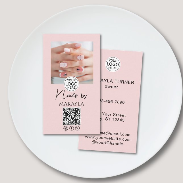 Blush Pink Script Logo QR Code Photo Nail Salon Business Card (Creator Uploaded)