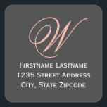 Blush Pink Script Monogram Initial Return Address Square Sticker<br><div class="desc">Square wedding stickers / envelope seals feature monogram initial in coral peach / pink script with white custom return address text below.</div>