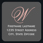 Blush Pink Script Monogram Initial Return Address Square Sticker<br><div class="desc">Square wedding stickers / envelope seals feature monogram initial in coral peach / pink script with white custom return address text below.</div>