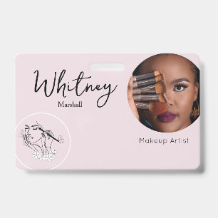 Blush Pink Script Photo Logo Makeup Artist Name ID Badge