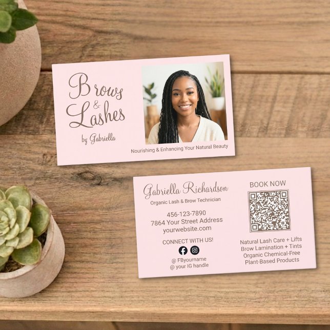 Blush Pink Script Photo QR Code Brows and Lashes Business Card (Creator Uploaded)