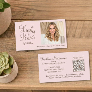 Blush Pink Script Photo QR Code Lashes and Brows Business Card