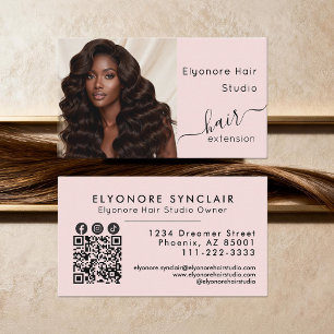 Blush Pink Script Photo QR Social Hair Extension Business Card